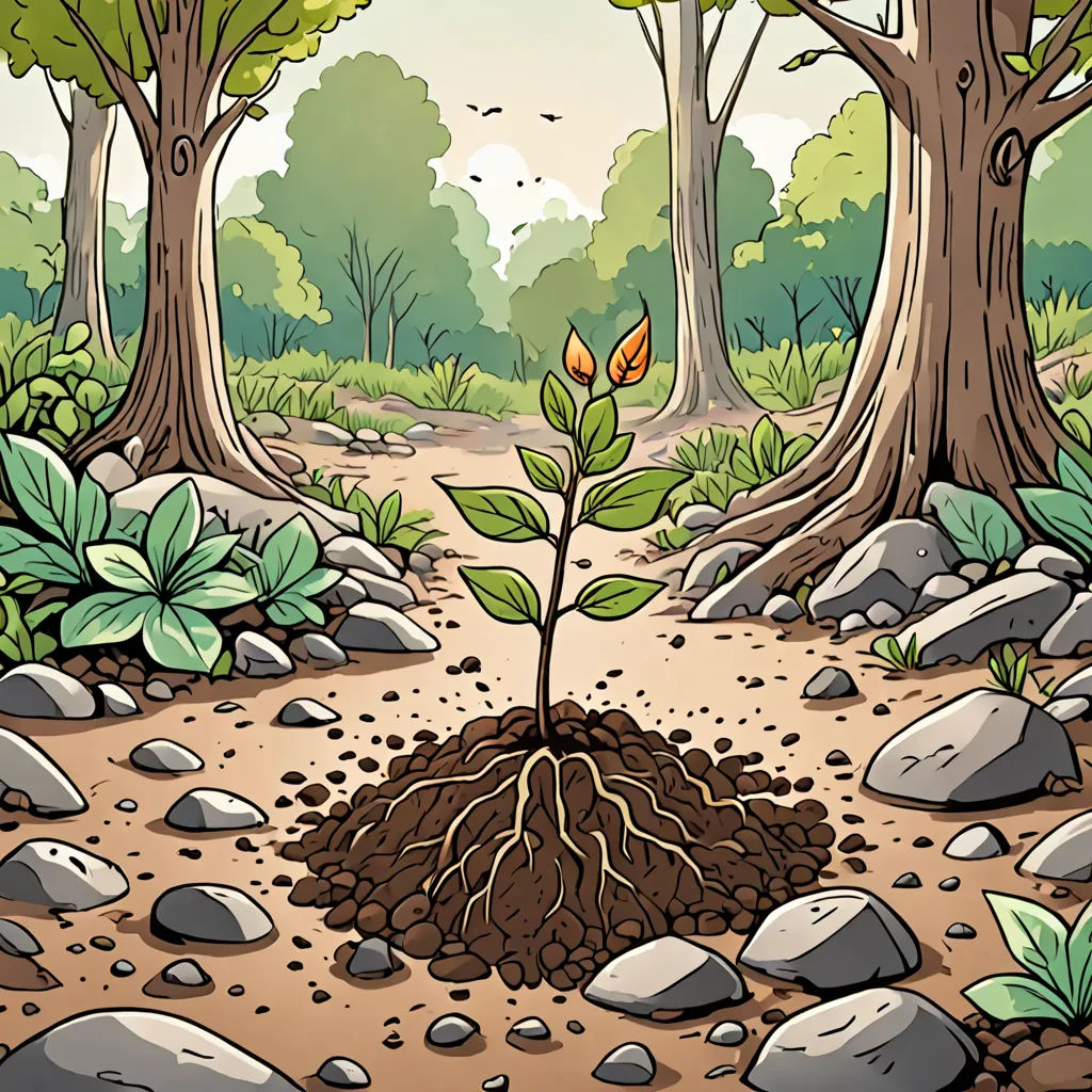 a cartoon of a dirt road with a plant growing out of it and rocks and trees around it, with a butterfly flying overhead, environmental art, a storybook illustration, Diego Gisbert Llorens, storybook illustration