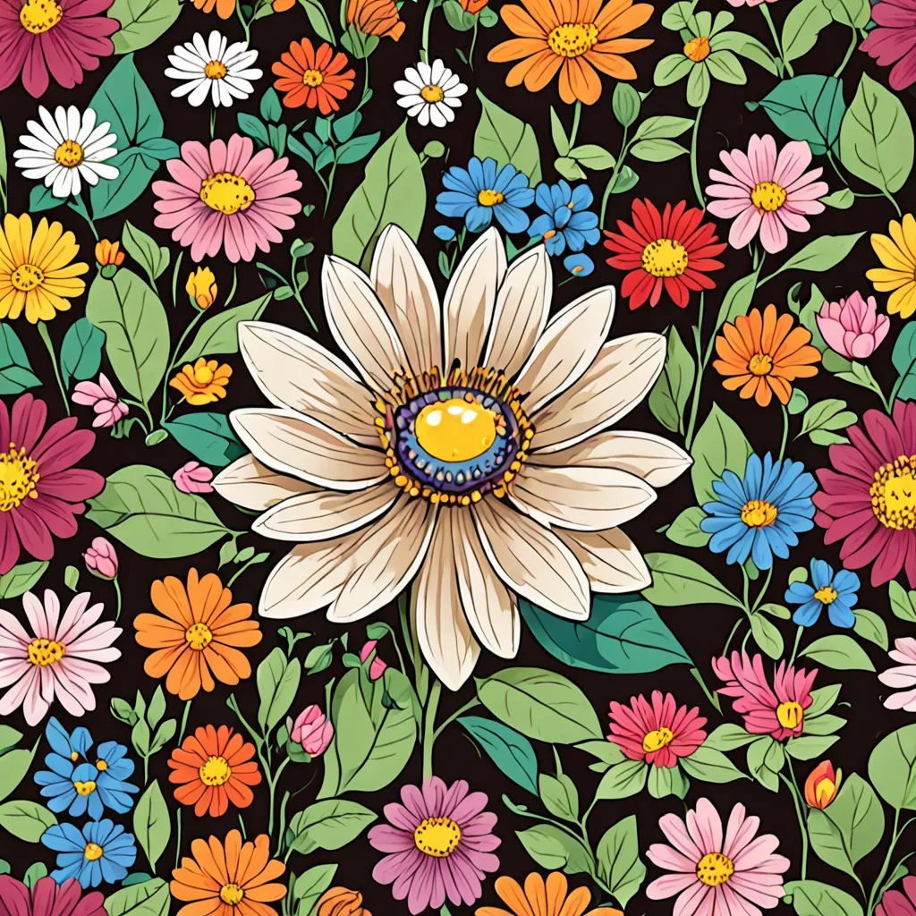 a flower with many different colors and sizes on it, with leaves and flowers around it, on a black background, psychedelic art, a jigsaw puzzle, Annabel Kidston, highly detailed digital art
