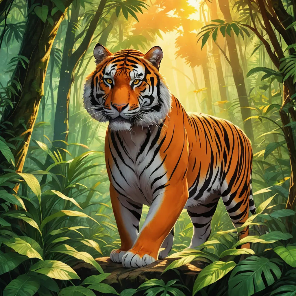 Premium Photo | A drawing of a tiger in the jungle with plants and trees  generative ai