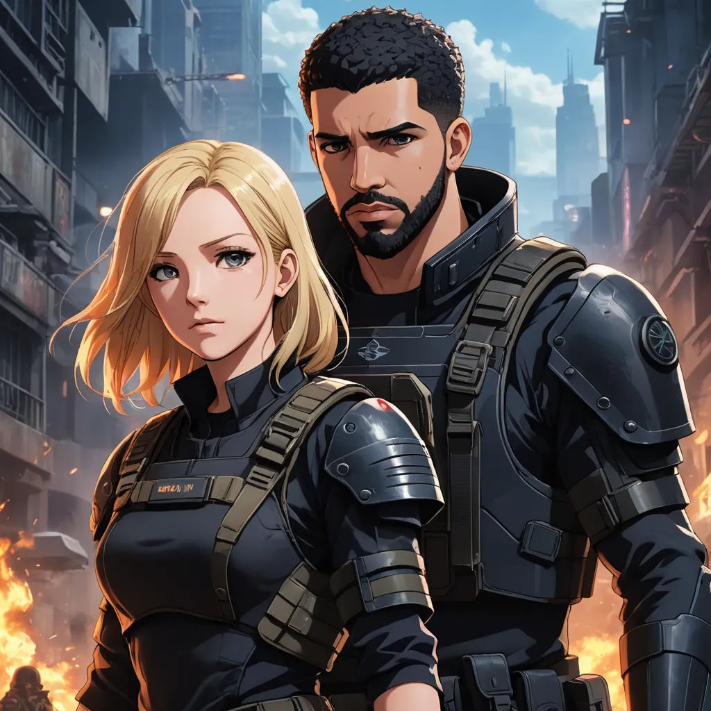 a man and a woman in a futuristic city setting with flames in the background and a cityscape in the foreground, sots art, a comic book panel, Cedric Seaut (Keos Masons), official art