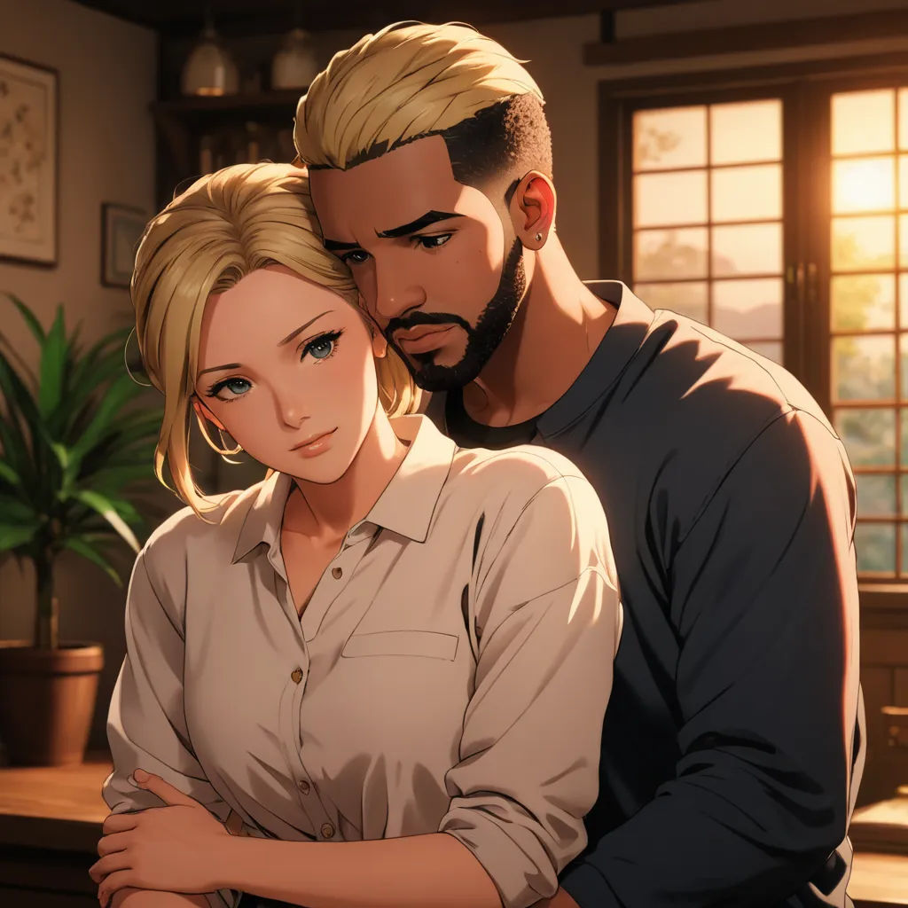 a man and a woman are hugging in a room with a potted plant in the background and a window, remodernism, a comic book panel, Artgerm, official art