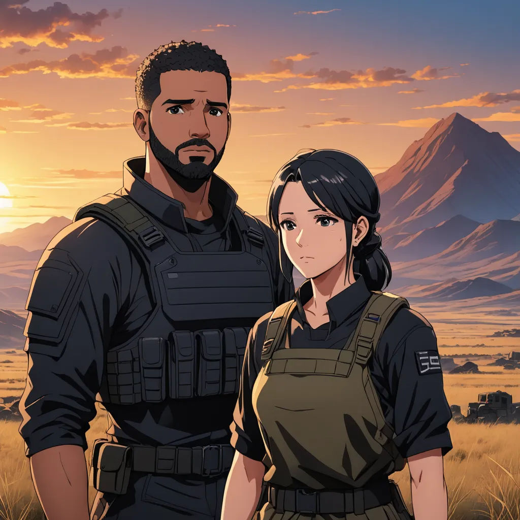 a man and a woman standing in a field with a sunset in the background and mountains in the background, sots art, concept art, Felix-Kelly, official art