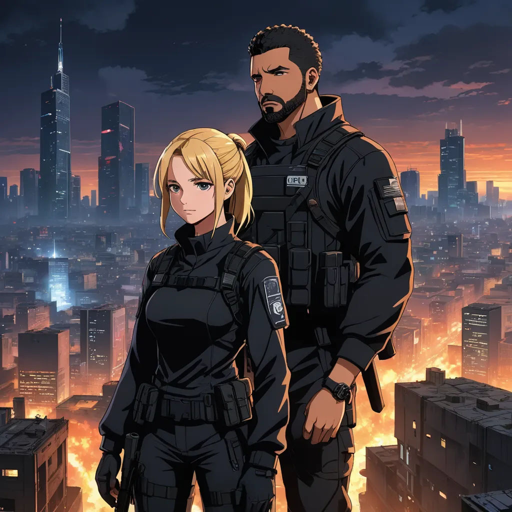a man and a woman standing in front of a city skyline at night with a gun in hand and a gun in the other hand, sots art, poster art, Cedric Seaut (Keos Masons), official art