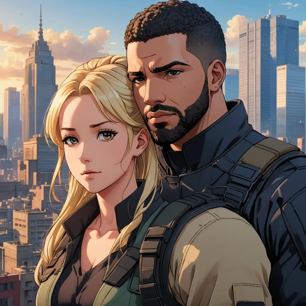 a man and a woman standing in front of a city skyline with skyscrapers in the background, with a man in a military uniform and a woman in a military outfit, serial art, a comic book panel, Everett Warner, official art