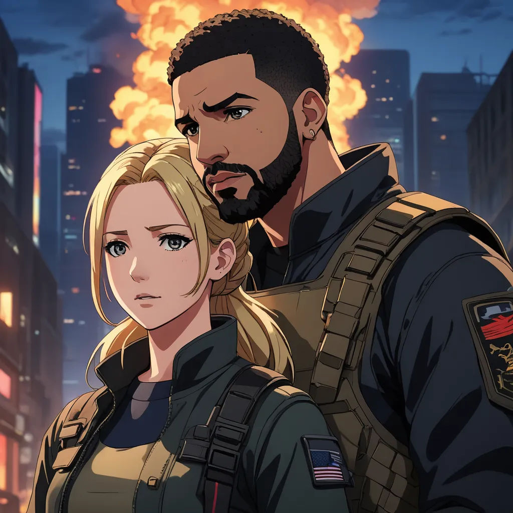 a man and a woman standing in front of a city at night with a fire in the background and a building with a lot of smoke, sots art, concept art, Artgerm, official art