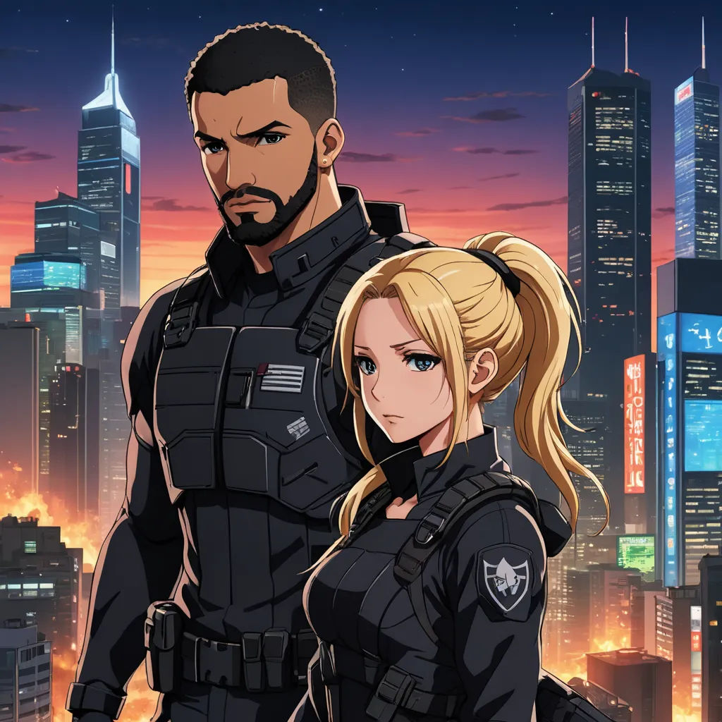 a man and a woman in uniform standing in front of a cityscape at night with skyscrapers, sots art, concept art, Cedric Seaut (Keos Masons), official art