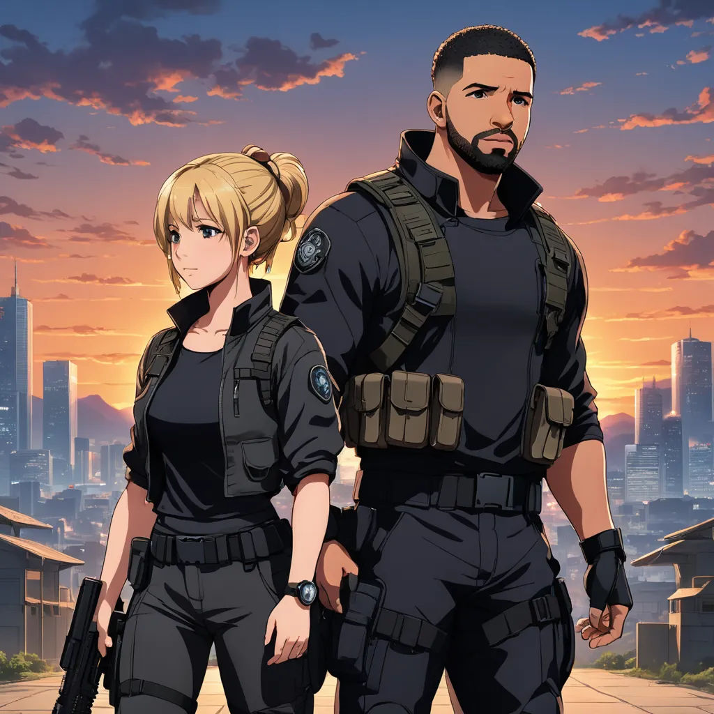 a man and a woman in military uniforms standing in front of a cityscape at sunset with a sunset in the background, sots art, poster art, Ada Gladys Killins, anime key visual
