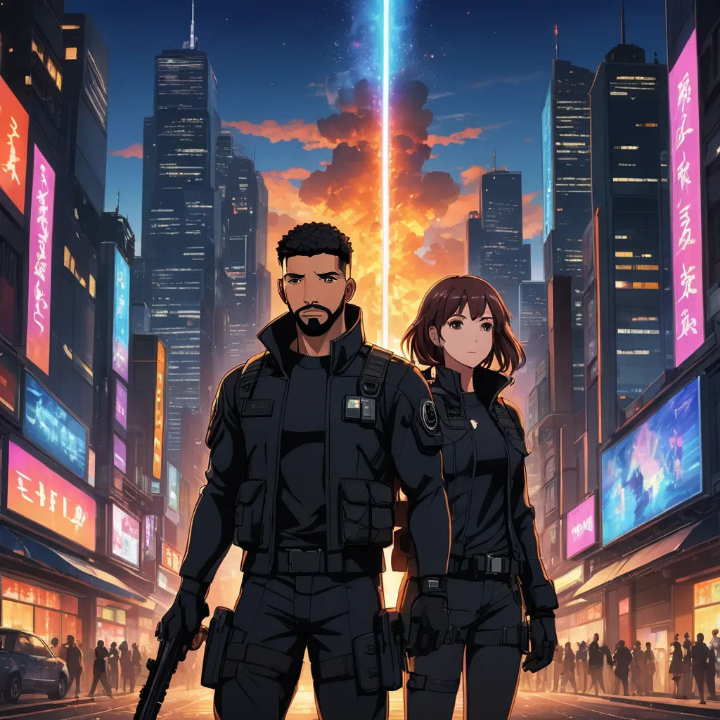 a man and a woman in uniform standing in a city at night with neon lights on the buildings and people walking around, rayonism, poster art, Aya Goda, anime key visual