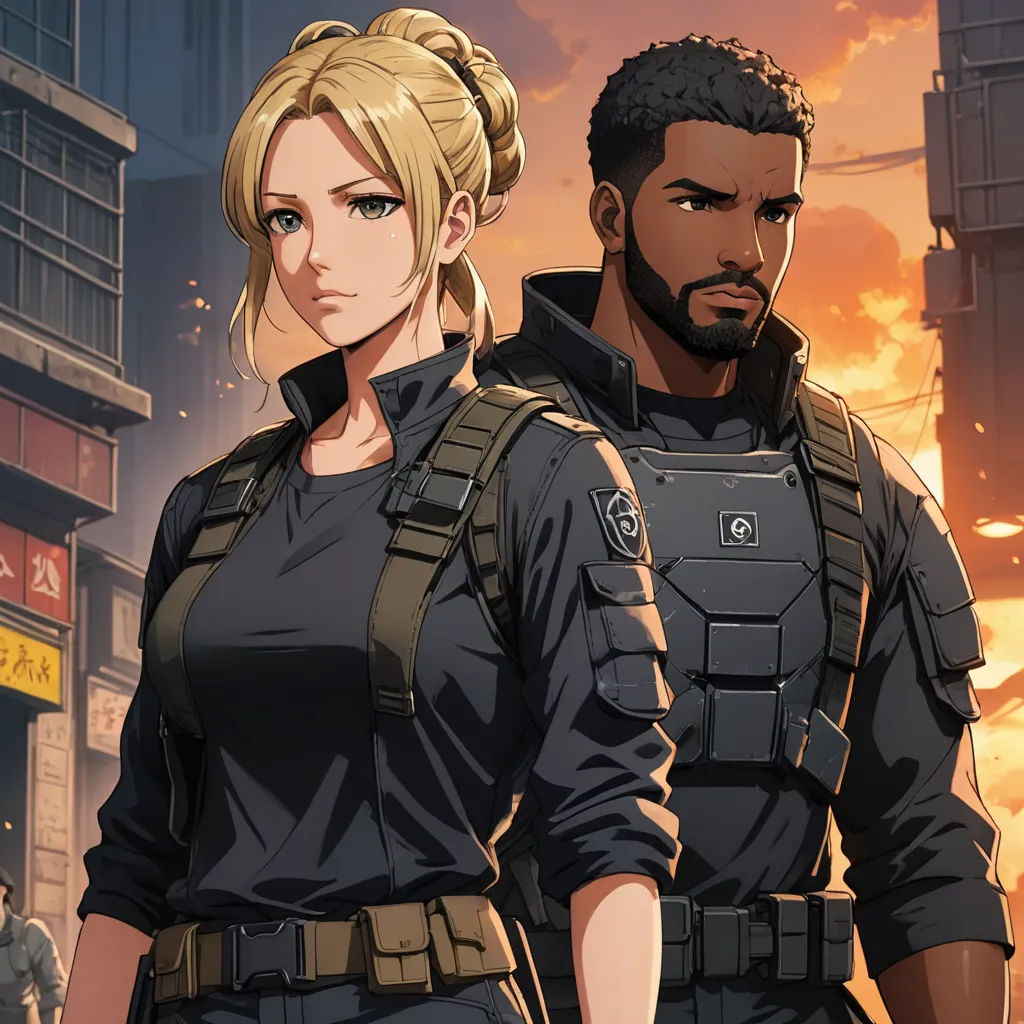 a man and a woman standing in front of a cityscape with a sunset in the background and a man in a black uniform, sots art, concept art, Cedric Seaut (Keos Masons), official art