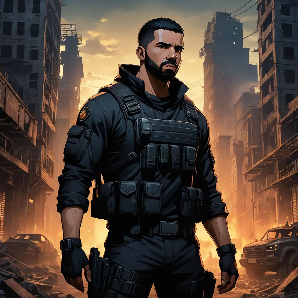 a man in a black uniform standing in a city with a gun in his hand and a cityscape in the background, sots art, concept art, Eddie Mendoza, official art
