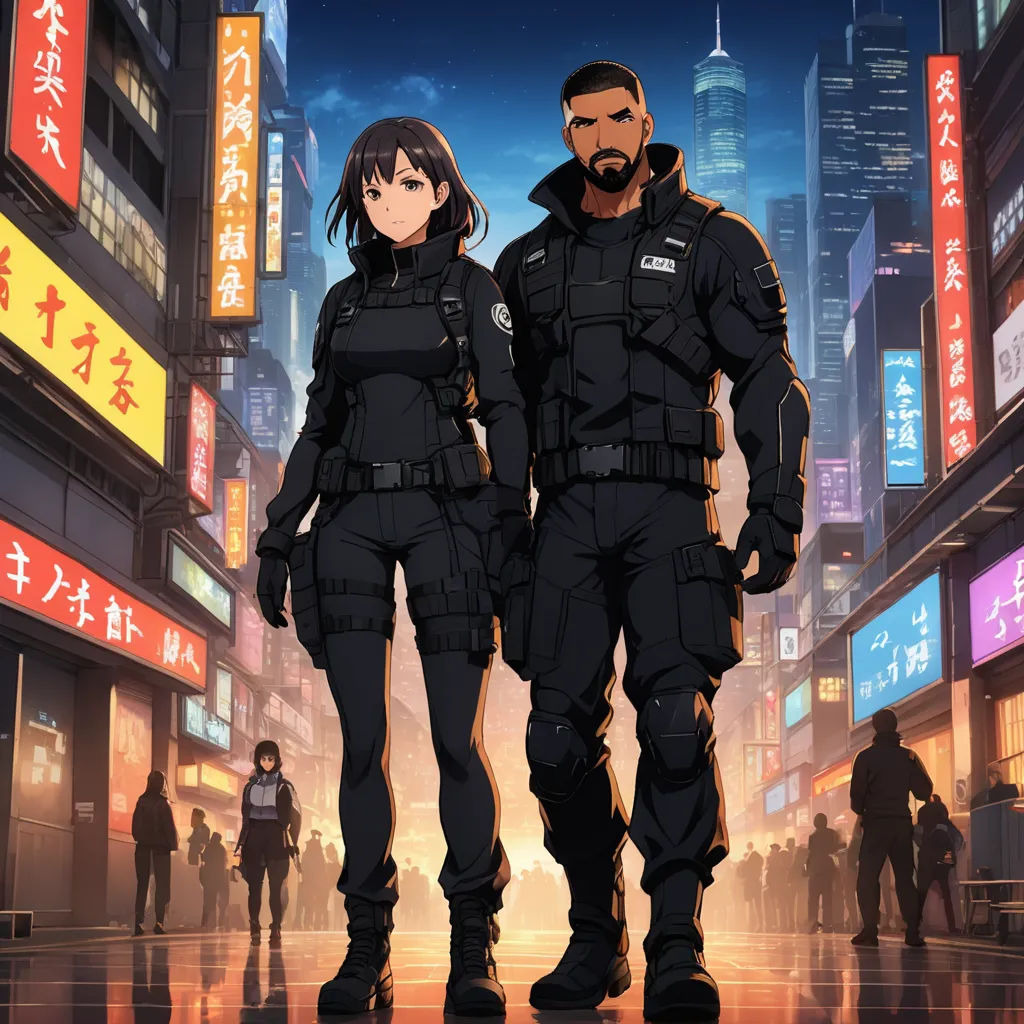 a couple of people standing in a city at night with neon signs behind them and a cityscape, rayonism, poster art, Felix-Kelly, anime key visual