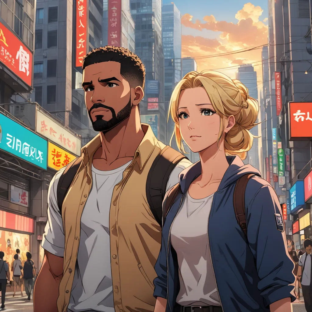 a man and a woman standing in the middle of a city street with a sunset in the background and a cityscape in the background, harlem renaissance, concept art, Artgerm, city background