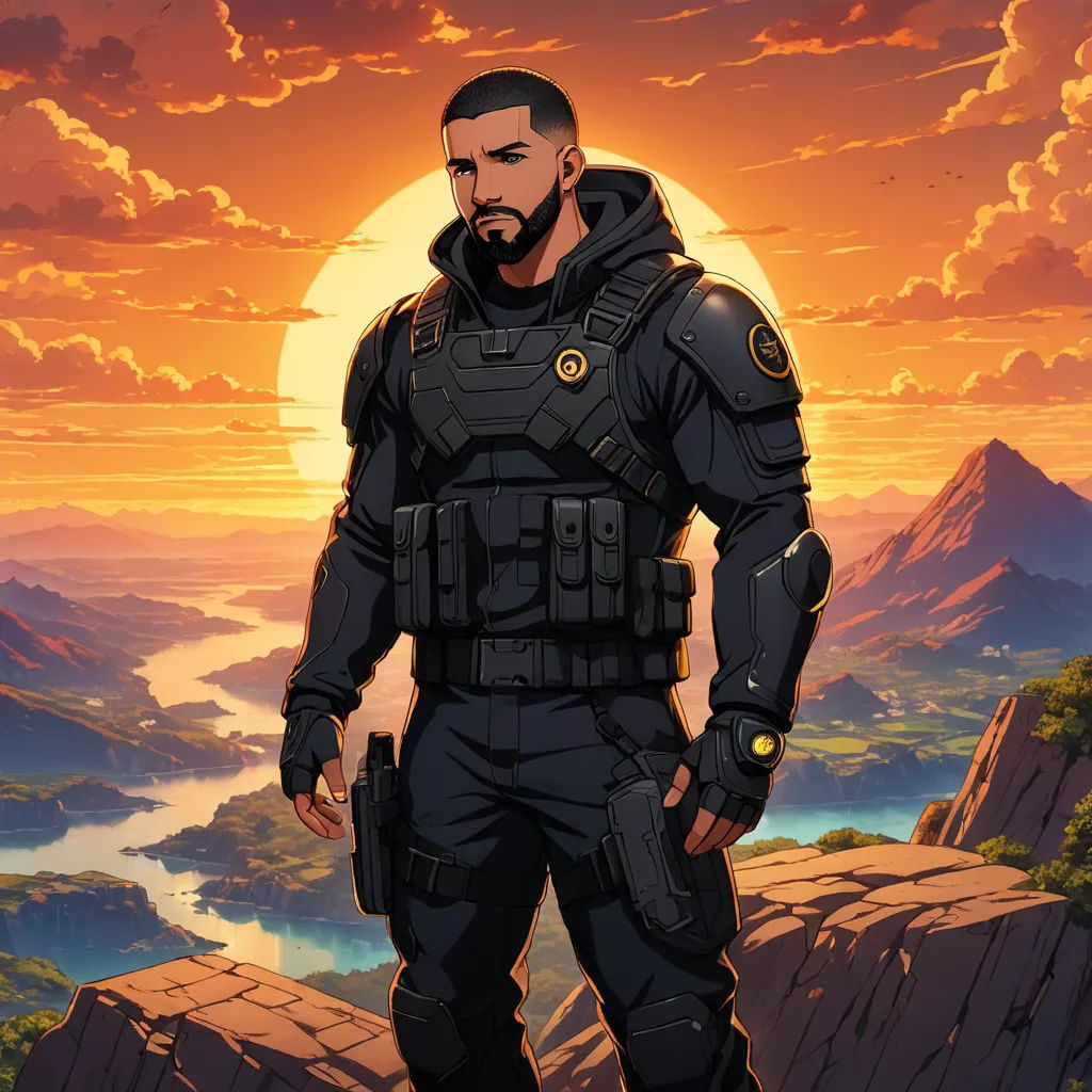 a man in a futuristic suit standing on a mountain top with a sunset in the background and a mountain range in the foreground, sots art, concept art, Chris LaBrooy, official art
