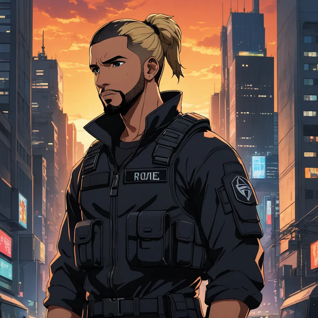 a man in a black uniform standing in a city at sunset with a cityscape in the background, afrofuturism, a character portrait, Cedric Seaut (Keos Masons), official art