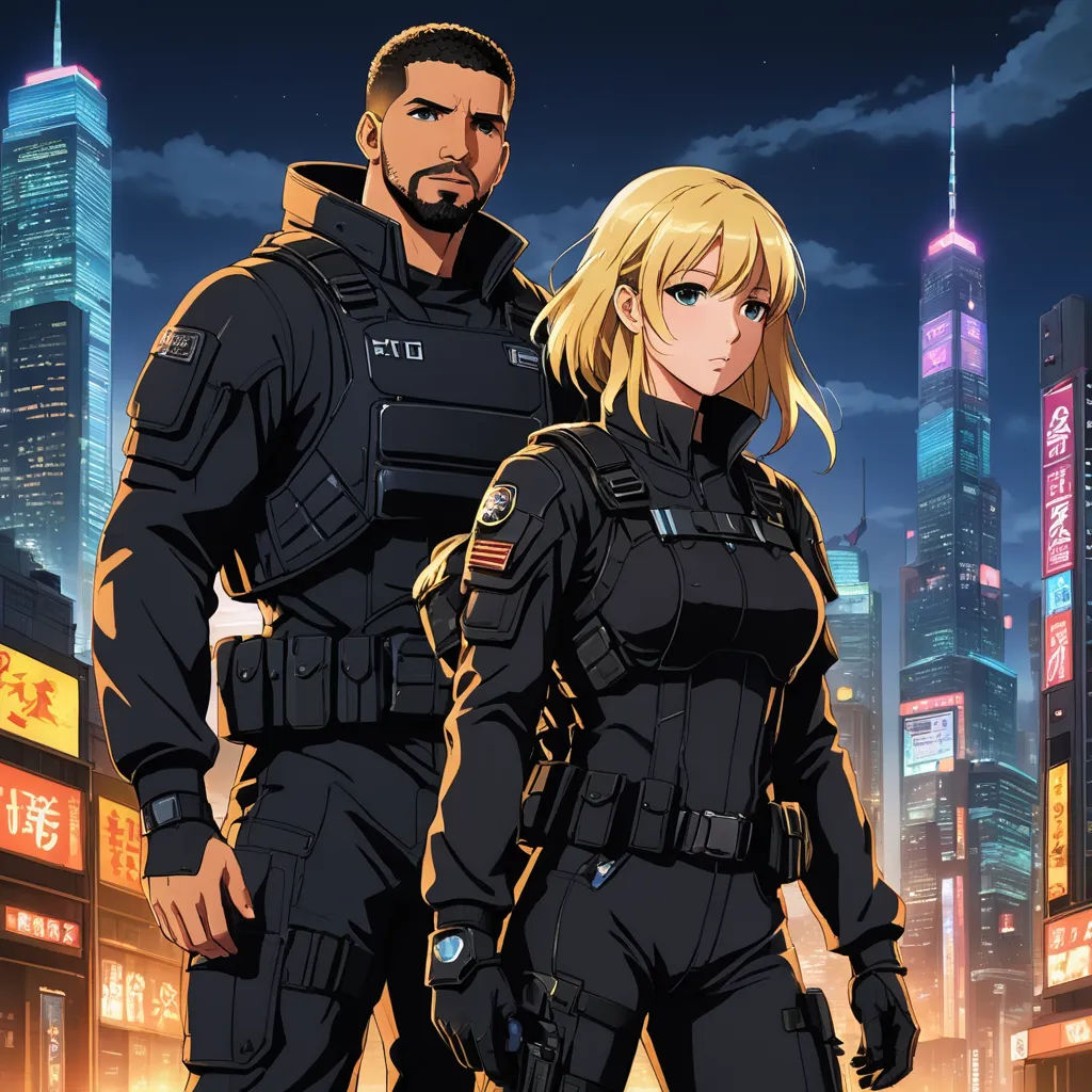 a couple of people standing in front of a city at night with a sky background and a skyscraper in the background, sots art, poster art, Felix-Kelly, official art