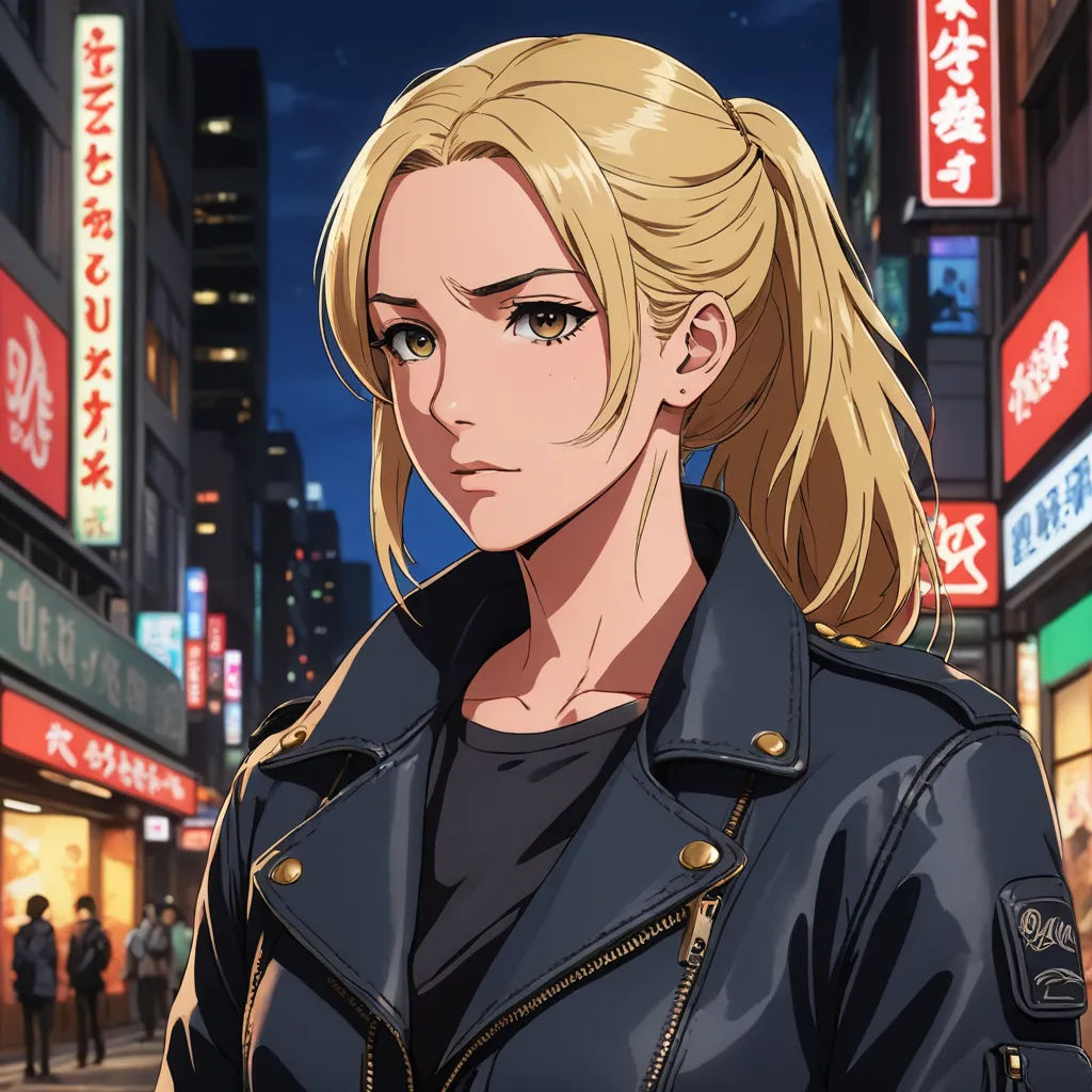 a woman in a black jacket standing in front of a city street at night with neon signs and buildings, sots art, a character portrait, Ayami Kojima, official art
