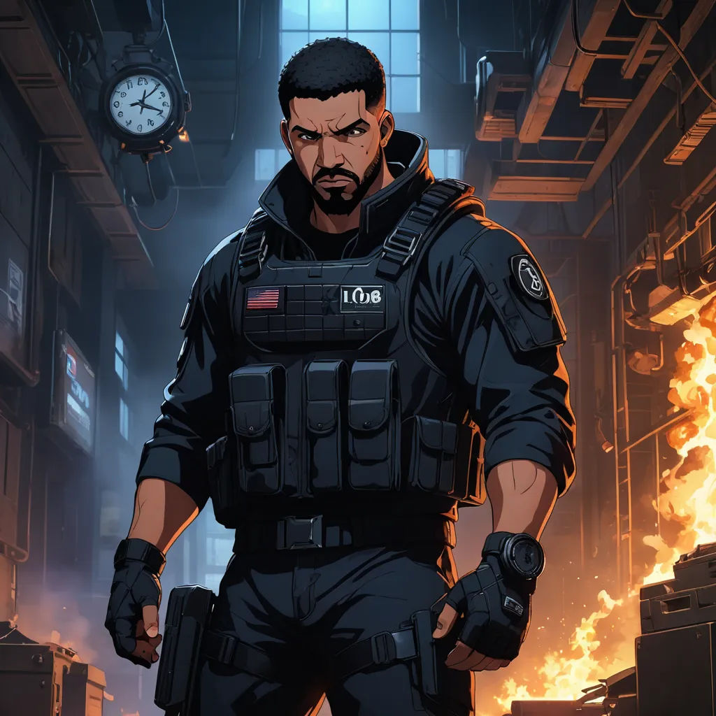 a man in a black uniform standing in a room with a clock on the wall behind him and a fire in the background, sots art, concept art, Everett Warner, official art