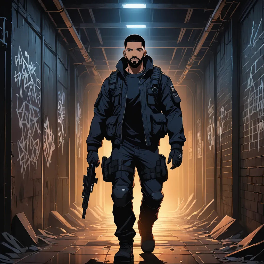 a man in a black jacket and a gun in a hallway with graffiti on the walls and flooring, sots art, poster art, Asaf Hanuka, official art