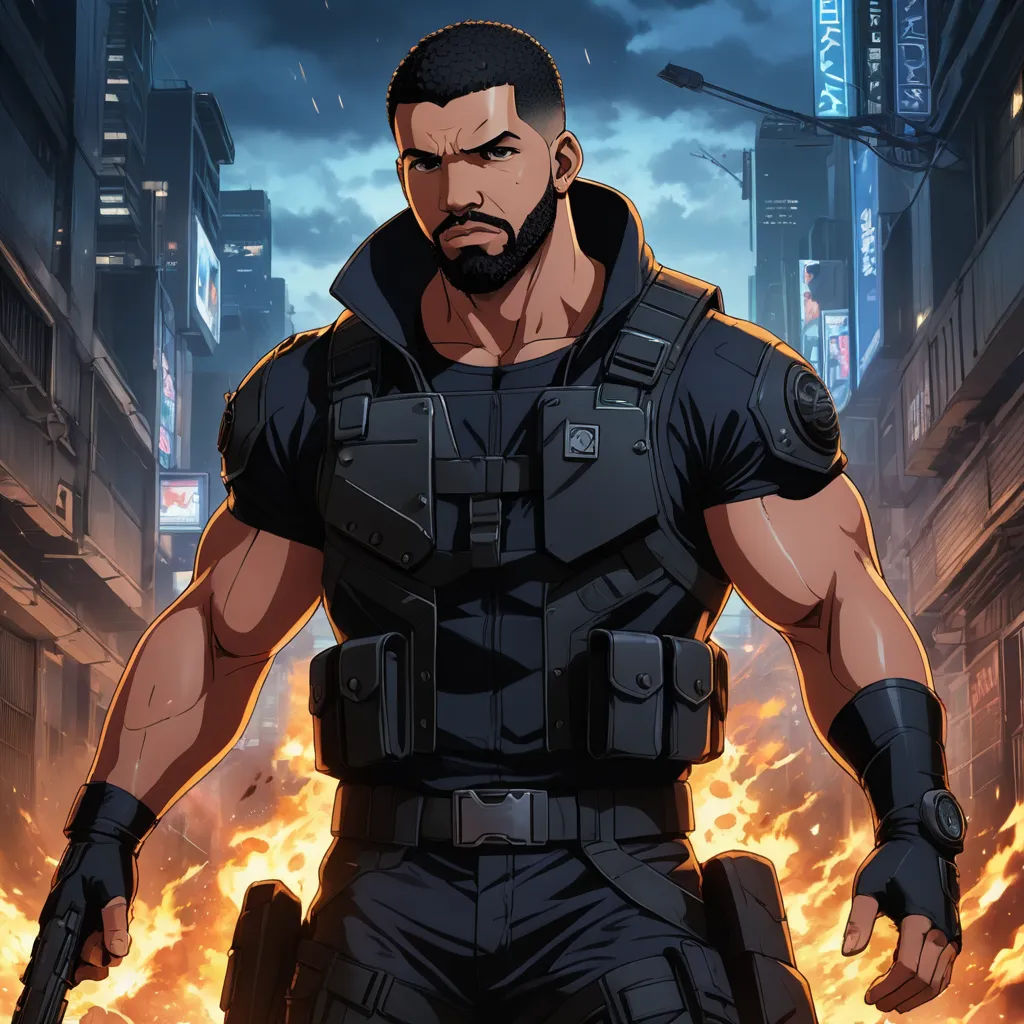 a man in a black outfit standing in front of a fire filled city street with a gun in his hand, sots art, a comic book panel, Cedric Seaut (Keos Masons), comic cover art