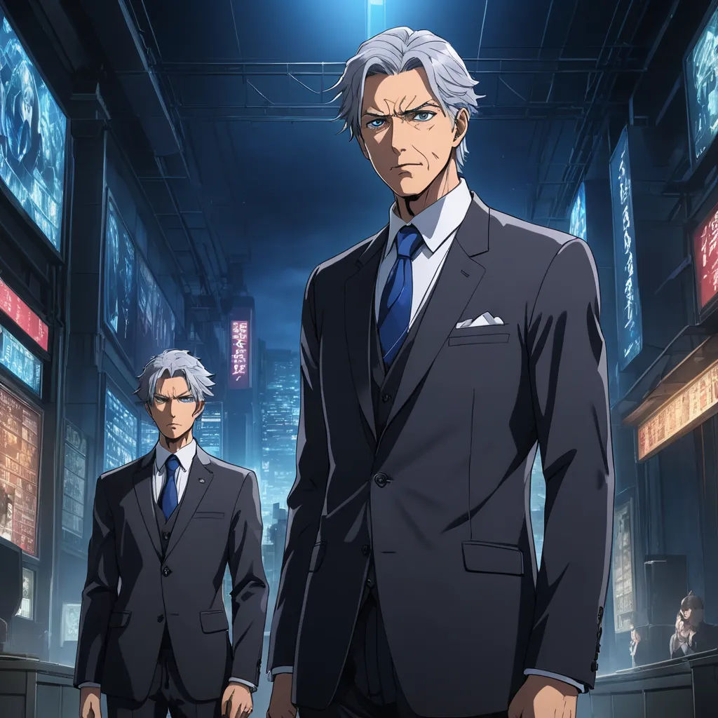 two men in suits standing in a dark room with a city in the background and a clock tower in the background, rayonism, concept art, Eizan Kikukawa, official art