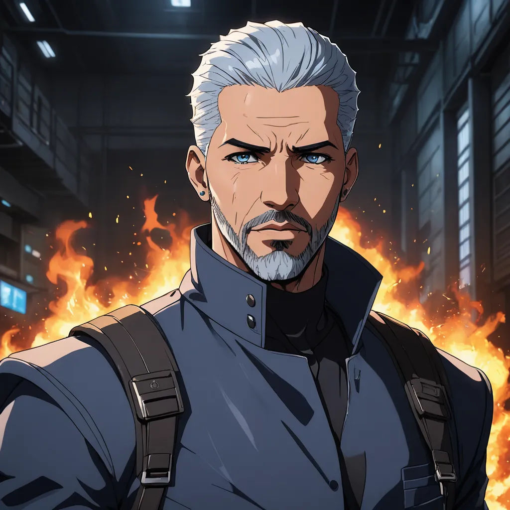 a man with a beard and a white hair wearing a blue shirt and a black vest and a gun in his hand, sots art, a character portrait, Cedric Seaut (Keos Masons), cel shading