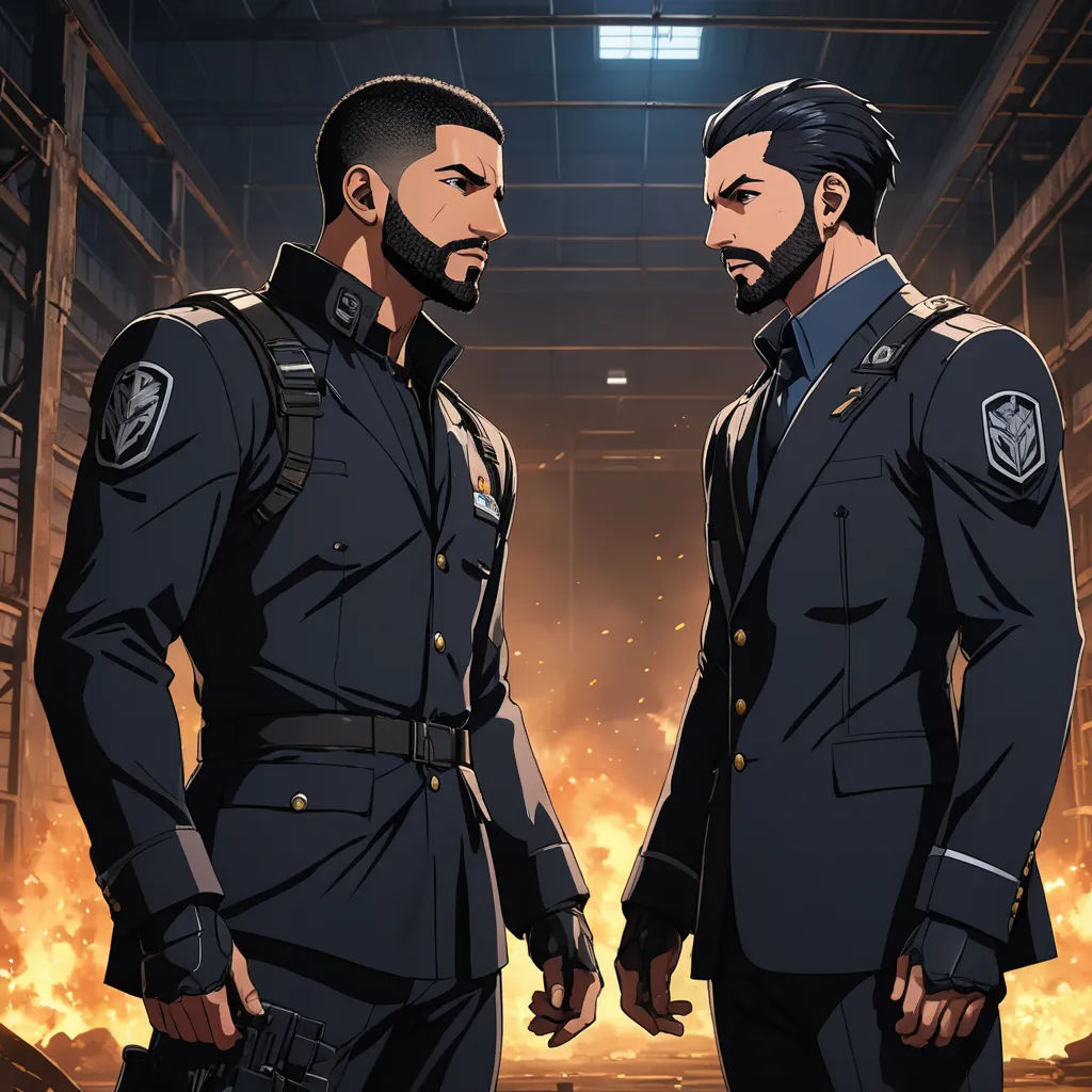 two men in uniforms standing in a warehouse with flames in the background and a building in the background with a fire, sots art, concept art, Brothers Hildebrandt, official art