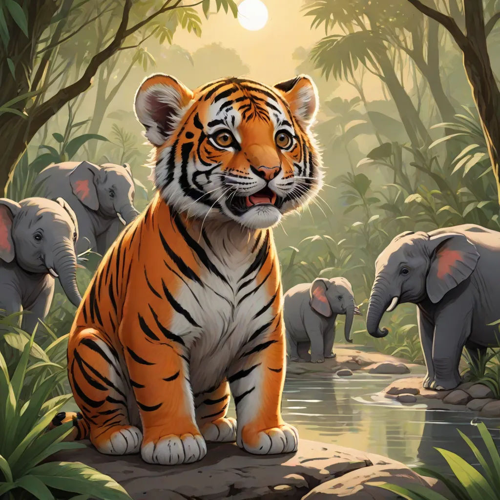 a tiger sitting on a rock in a jungle with elephants in the background and a sun shining down on the trees, Chris Rallis, furry art, a digital painting, magic the gathering artwork