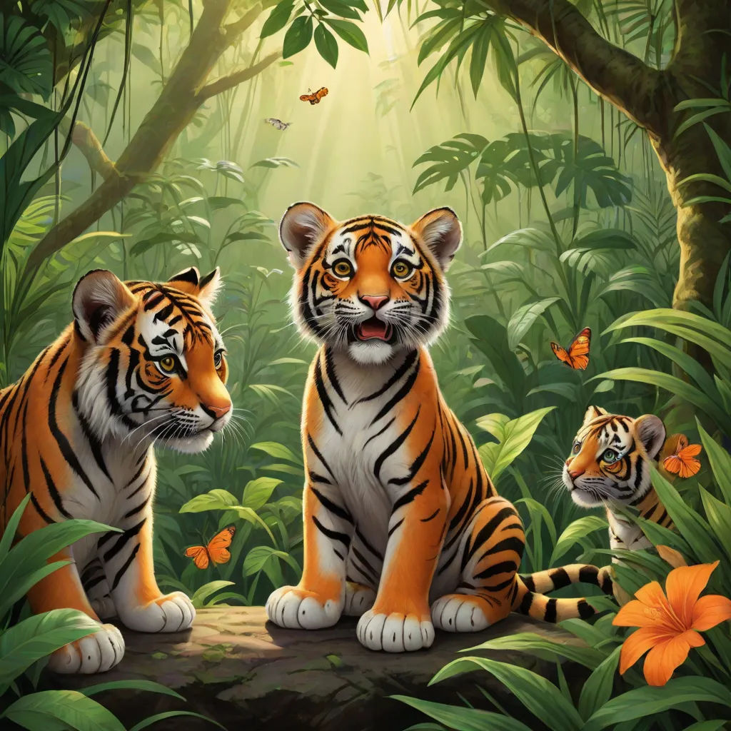 a painting of two tigers in a jungle with butterflies and flowers around them, and a butterfly flying above them, Anne Stokes, furry art, an oil painting, jungle