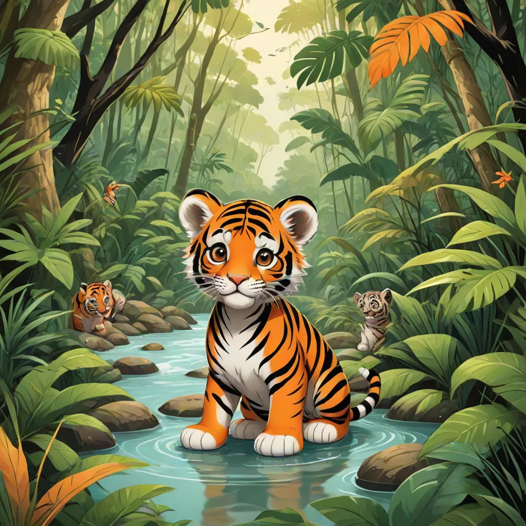 a tiger cub sitting in a stream of water surrounded by jungle plants and trees with other animals in the background, Chris LaBrooy, bengal school of art, a storybook illustration, official art