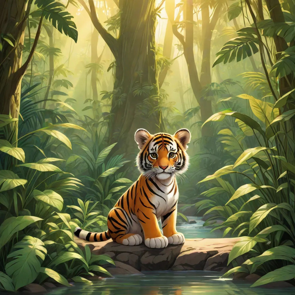 a tiger sitting on a rock in a jungle with a stream of water in front of it and trees, Brom, furry art, a storybook illustration, jungle