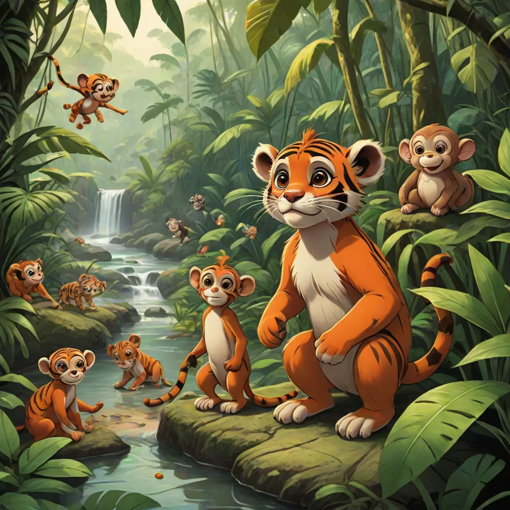 a group of monkeys sitting on a rock in a jungle with a waterfall and a waterfall in the background, Cliff Childs, furry art, poster art, promotional image