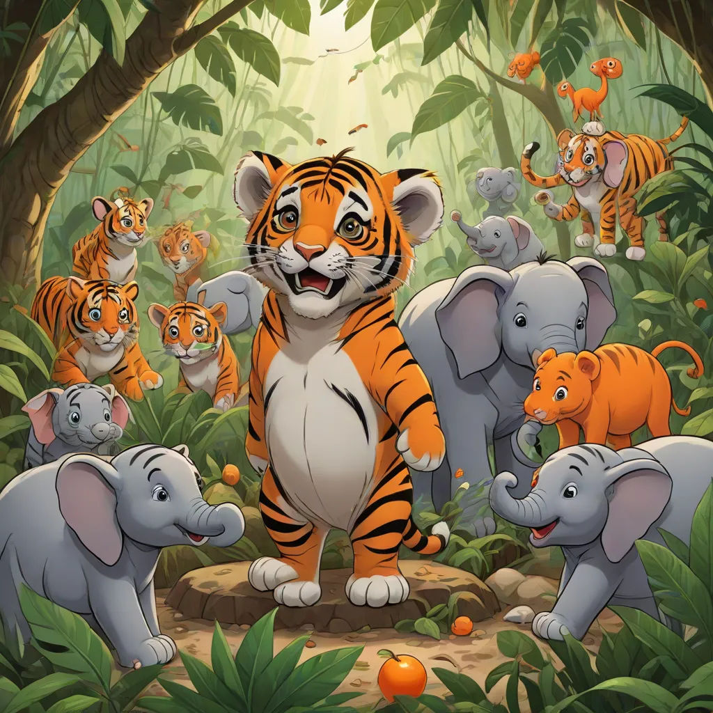 a group of tigers and elephants in a jungle setting with a baby tiger in the foreground and an adult tiger in the background, Don Bluth, bengal school of art, a storybook illustration, official art