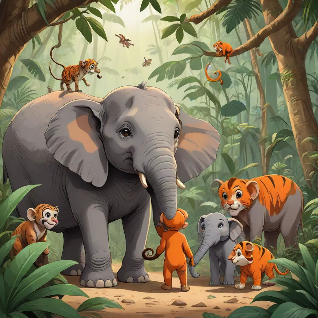 a group of animals in a jungle with trees and plants around them and a baby elephant standing between them, Amédée Ozenfant, sumatraism, a storybook illustration, promotional image