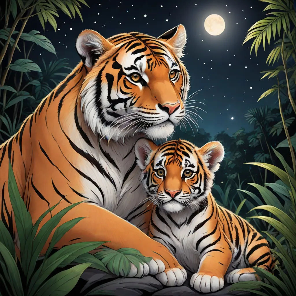 a couple of tigers sitting next to each other on a forest floor at night with a full moon in the background, Brothers Hildebrandt, furry art, an oil painting, highly detailed digital painting