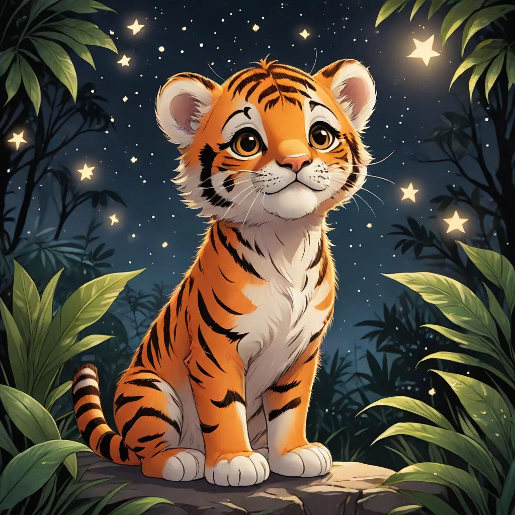 a tiger sitting on a rock in the jungle at night with stars and the moon in the sky above, Chris Rallis, furry art, a storybook illustration, official art