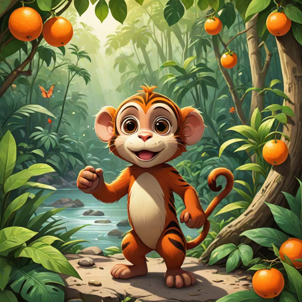 a cartoon monkey standing in the jungle with oranges around him and a river running through it with lots of leaves, Chris LaBrooy, sots art, a character portrait, orange