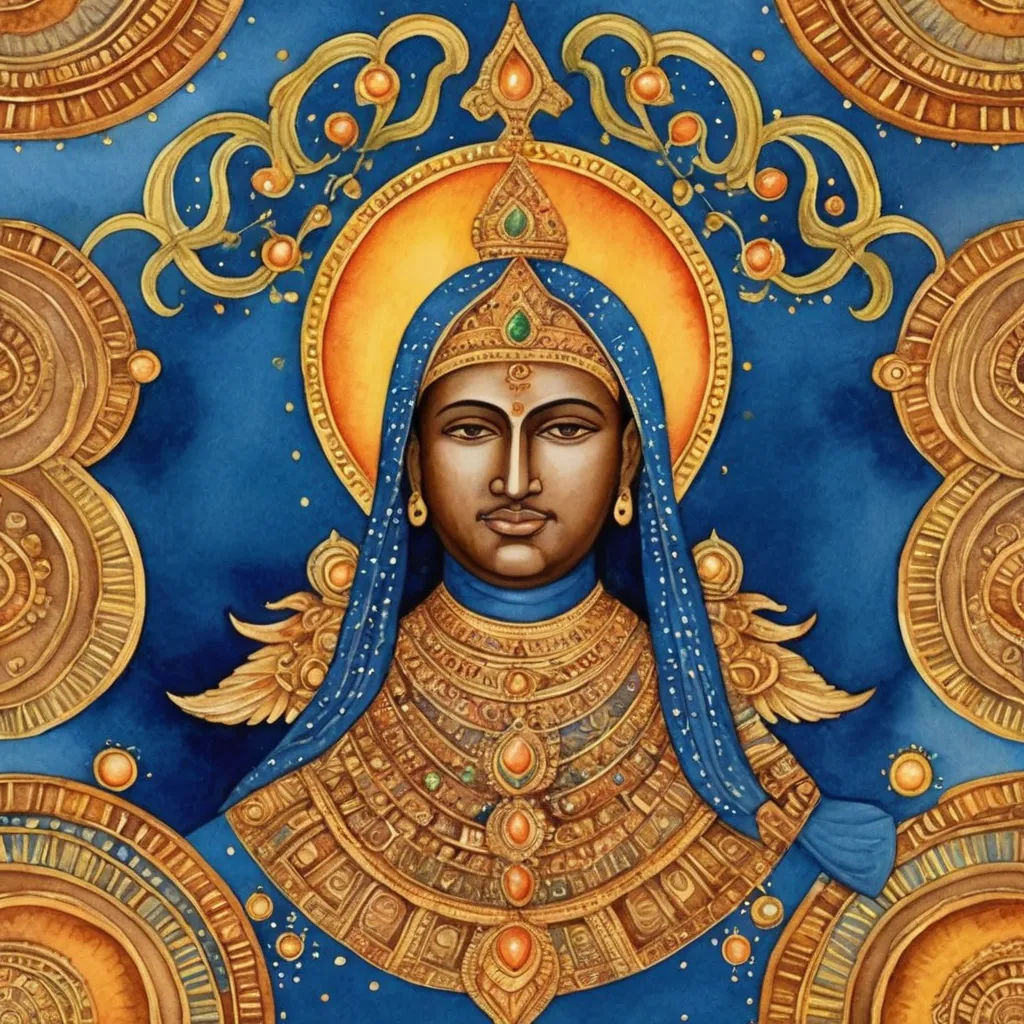 a painting of a woman in a blue dress with gold accents and a blue headdress on her head, samikshavad, a detailed painting, Ella Guru, divinity
