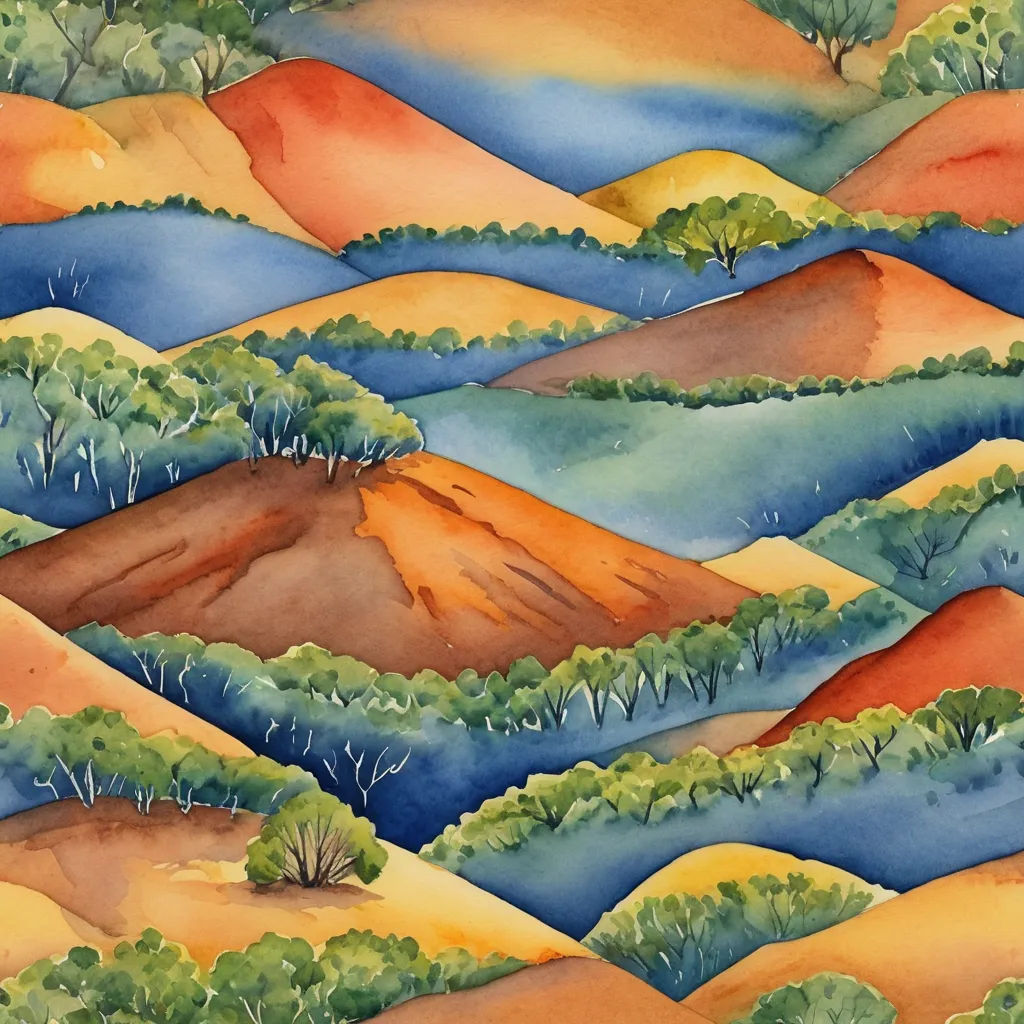 a painting of a mountain landscape with trees and hills in the background, painted in watercolor on paper, environmental art, a watercolor painting, Elizabeth Durack, landscape
