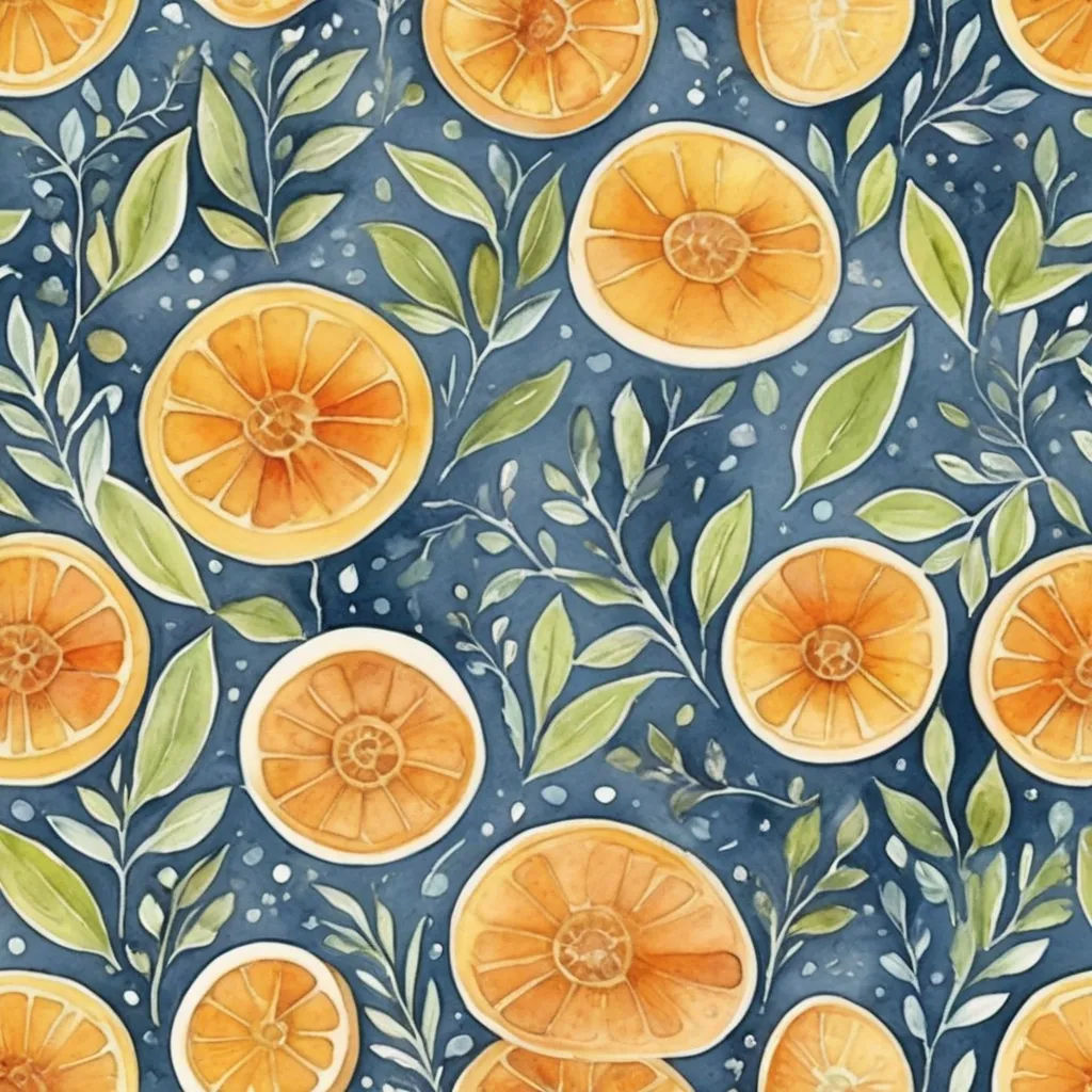 a painting of oranges with leaves and dots on a blue background with water drops and bubbles on the surface, folk art, a detailed painting, Annabel Kidston, in gouache detailed paintings