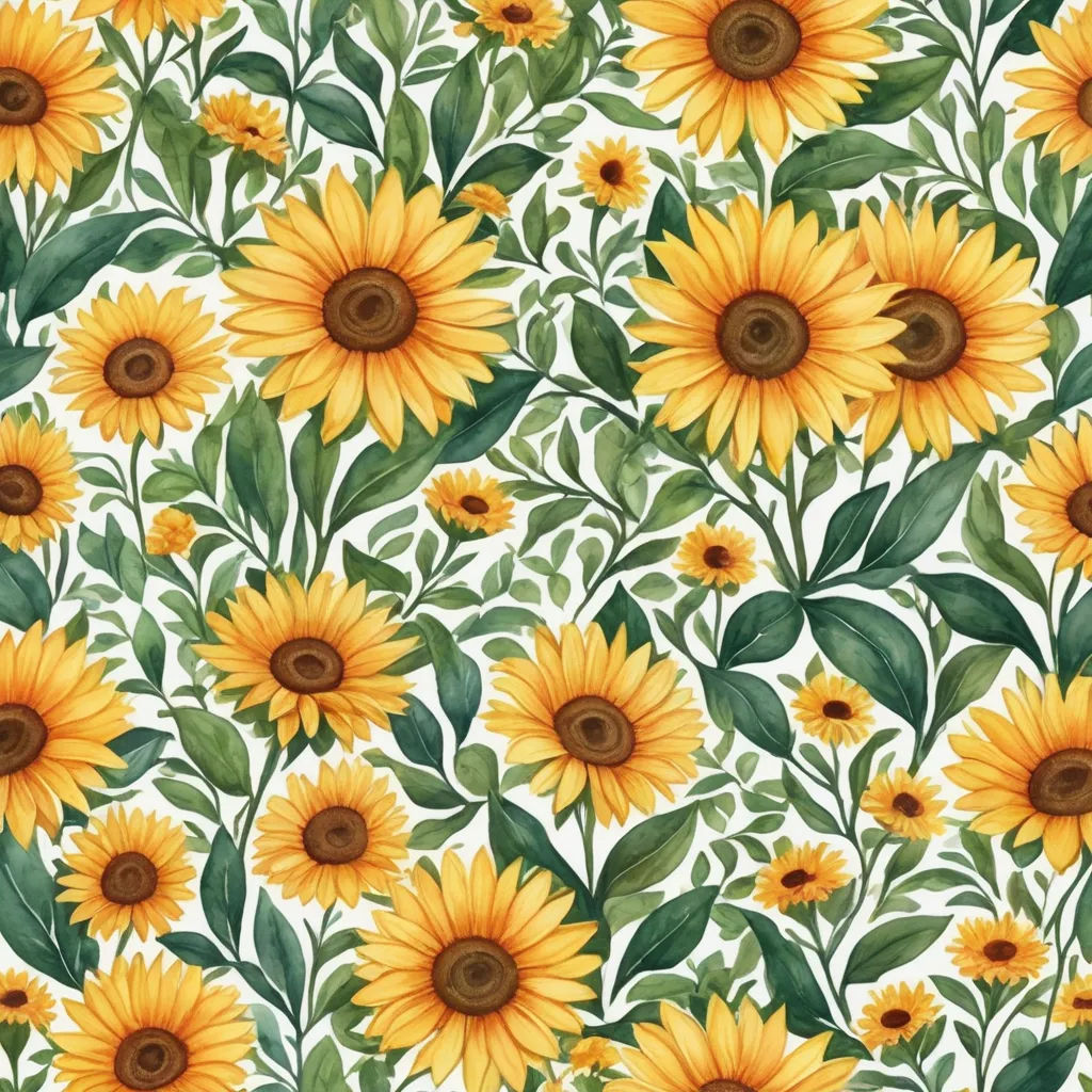 a sunflower pattern with green leaves and flowers on a white background, with a brown center and brown center, folk art, a detailed painting, Annabel Kidston, flowers