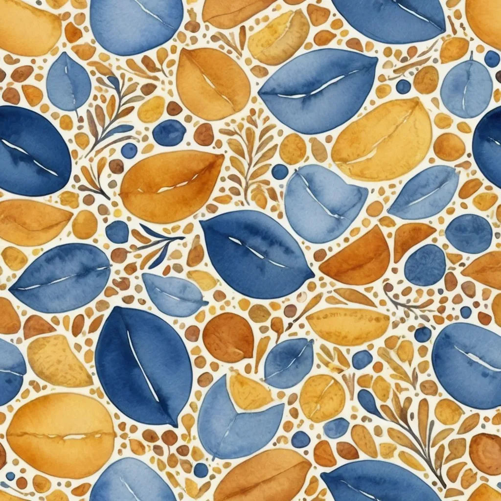 a painting of leaves and dots on a white background with blue and yellow colors on it, and a pattern of brown, yellow, blue, orange, and white leaves, generative art, a watercolor painting, Annabel Kidston, detailed illustration
