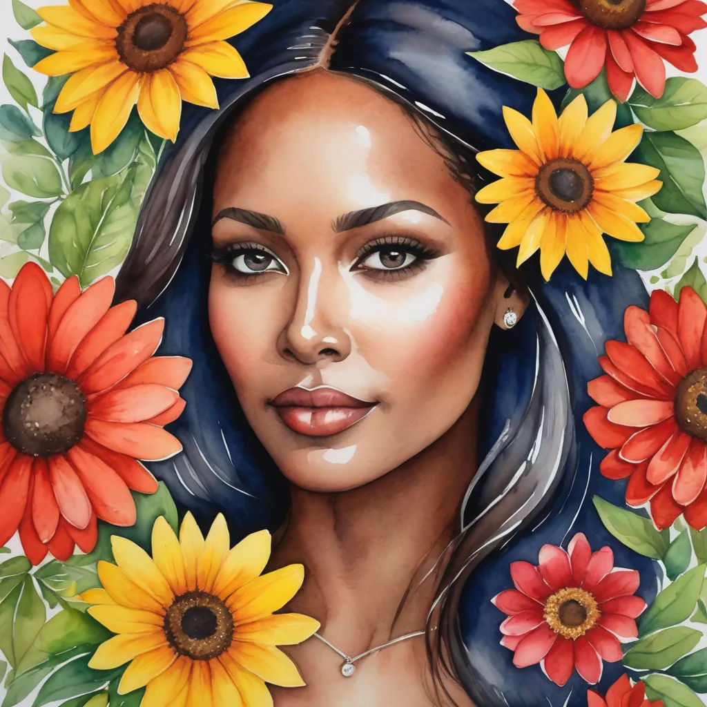 a painting of a woman with sunflowers around her head and a blue dress on her shoulders and a blue dress on her head, modern european ink painting, a watercolor painting, Darrell Riche, in gouache detailed paintings
