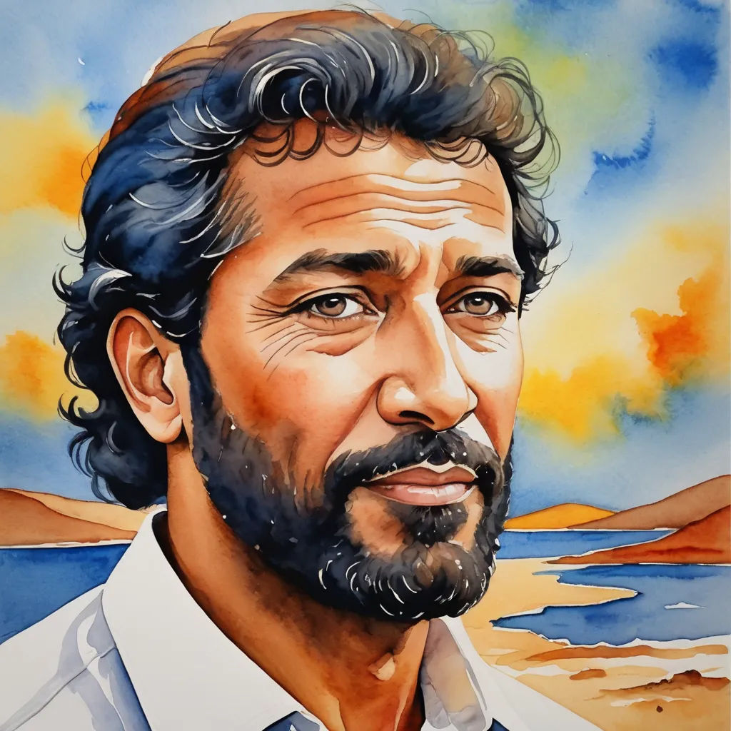 a painting of a man with a beard and a white shirt on a beach with a sunset in the background, figurative art, a watercolor painting, Chafik Charobim, profile picture