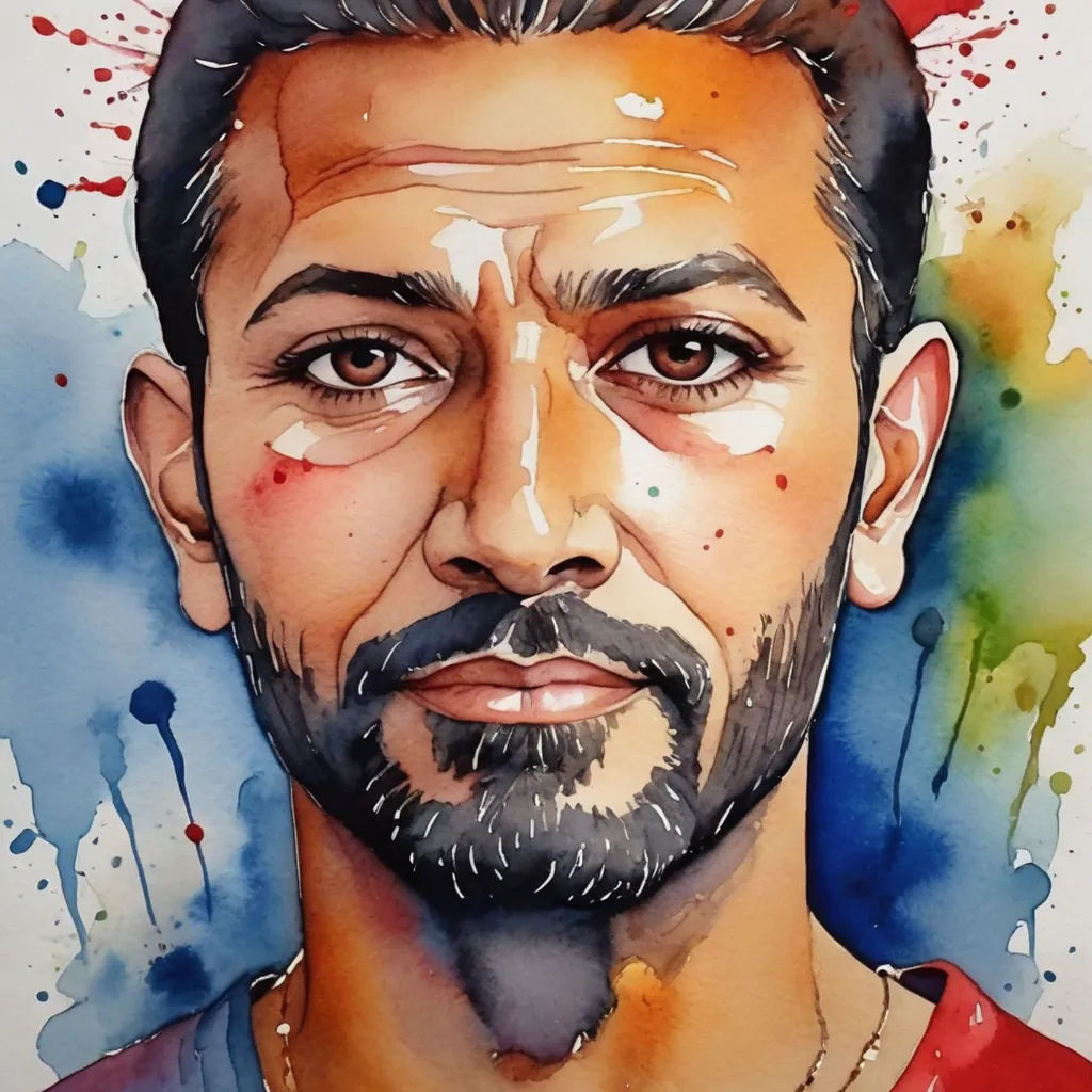 a man with a beard and a beard is painted in watercolors and has a red shirt on, serial art, a watercolor painting, Ahmed Karahisari, watercolor