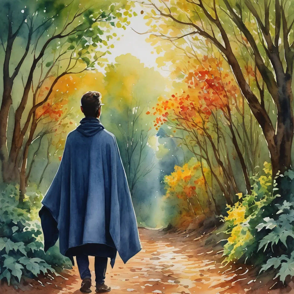 a painting of a man walking down a path in the woods with a blue cape on his head and a yellow tree in the background, fantasy art, a watercolor painting, Anato Finnstark, comic cover art