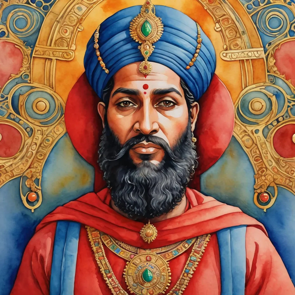 a painting of a man with a beard and a turban on his head and a red robe, samikshavad, a detailed painting, Bholekar Srihari, detailed painting