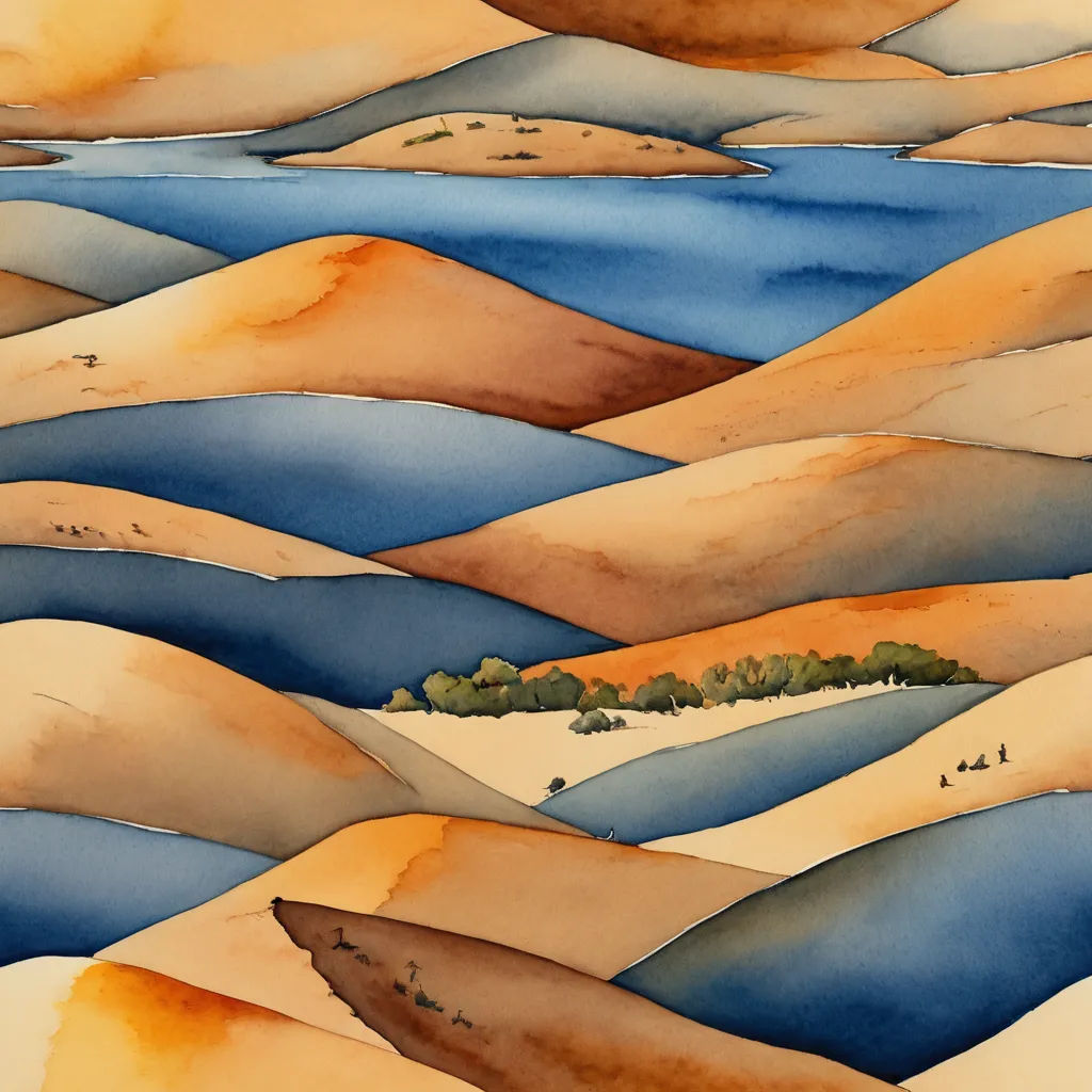 a painting of a desert landscape with a tree in the middle of the desert, and a river running through it, modern european ink painting, a watercolor painting, Amir Zand, watercolor