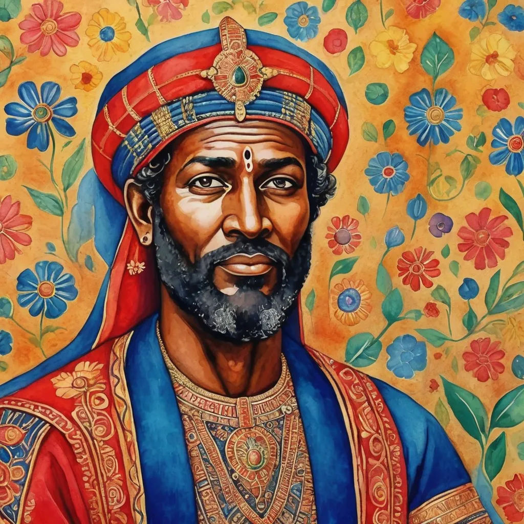 a painting of a man in a red and blue outfit with flowers in the background and a yellow background, qajar art, a detailed painting, Altoon Sultan, detailed painting