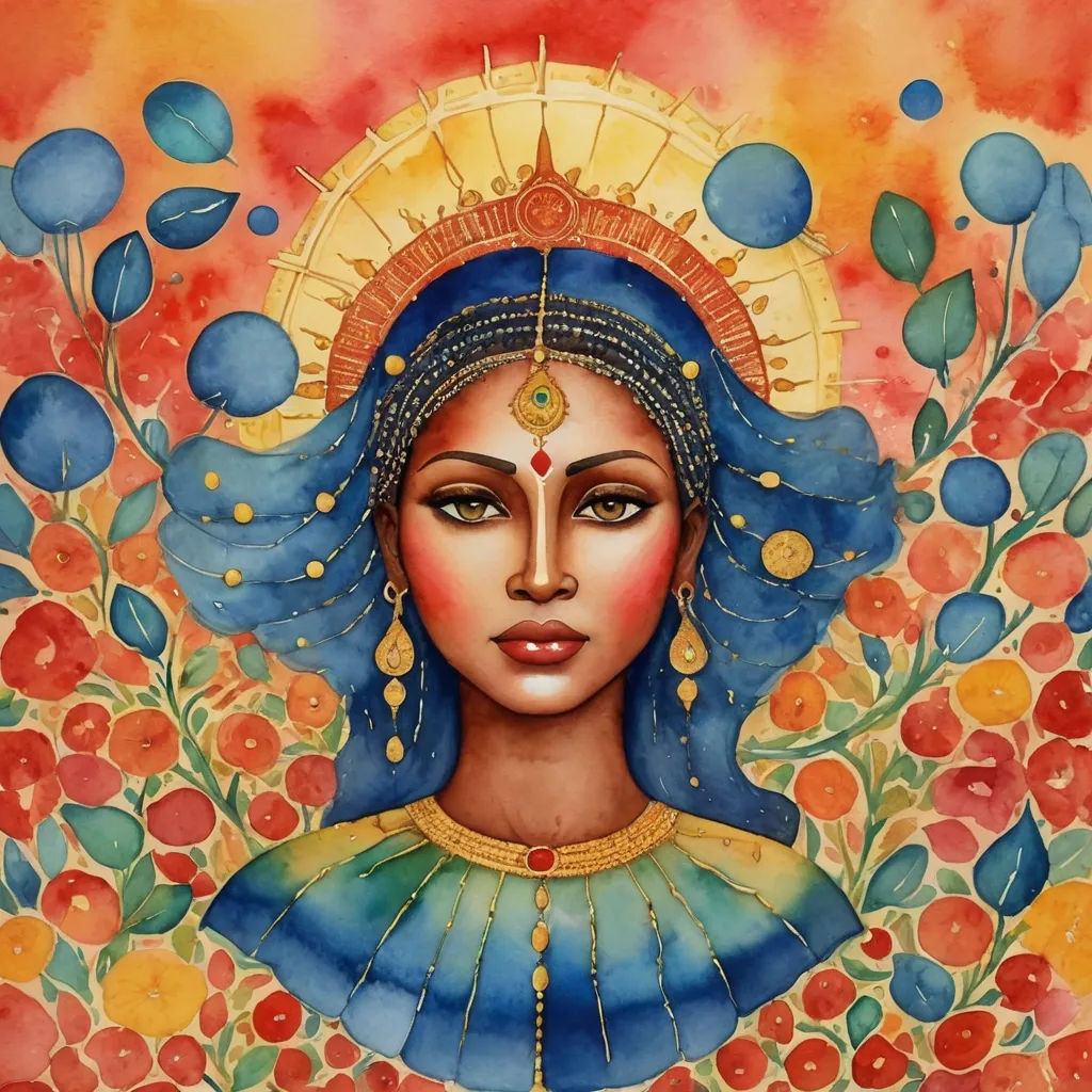 a painting of a woman with blue hair and a halo on her head and flowers around her head, with a red background, metaphysical painting, a watercolor painting, Ella Guru, in gouache detailed paintings