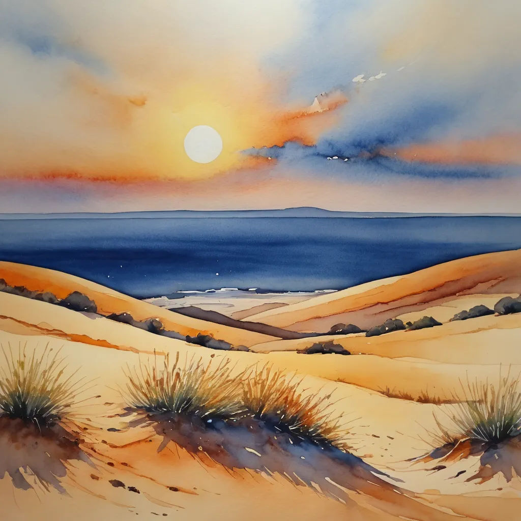 a painting of a sunset over a beach with sand dunes and grass in the foreground and a body of water in the background, american scene painting, an airbrush painting, Alison Kinnaird, desert